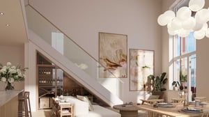 Ljust vardagsrum med modern inredning, stora konstverk på väggen, glasräcke vid trappa, och unikt hängande lampdesign