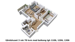 3D-illustration av en lägenhet med 3 rum och 78 kvm, balkong och möblerade rum