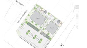 Situationsplan för bostadsområde med hus 1 och hus 2, parkering, carport, förråd och grönområden