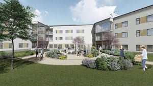 Illustration av en innergård med flerfamiljshus, trädgårdsplanteringar och flera personer