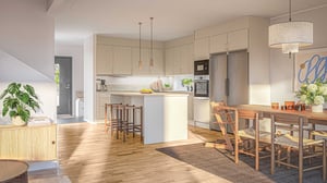 Kök och matplats i ljus modern lägenhet med köksö, trägolv och stora fönster