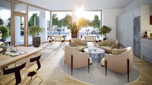 Co-working-lounge på entréplan. Rum med pentry, arbetsplatser och fåtöljer