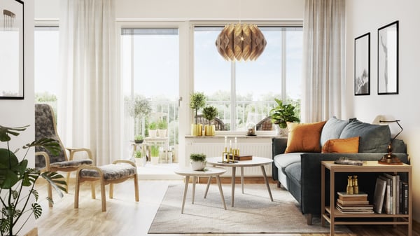 Vardagsrum med utgång till balkong