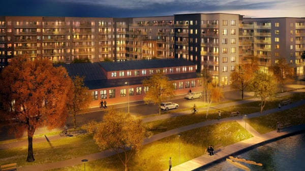 Bostadshuset på kvällen