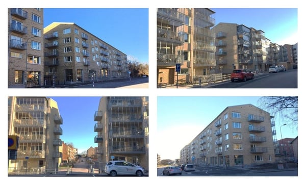 Collage av fyra bilder på husen i Brf Guldmyntet
