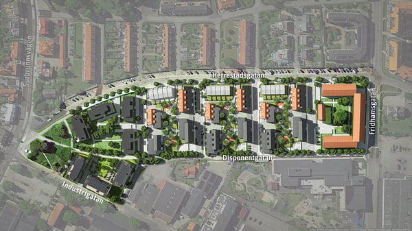 Flygbild av en planritning för ett bostadsområde med byggnader, grönområden och gator märkta med namn som Herrestadsgatan, Industrigatan, Disponentgatan och Fridknappsgatan