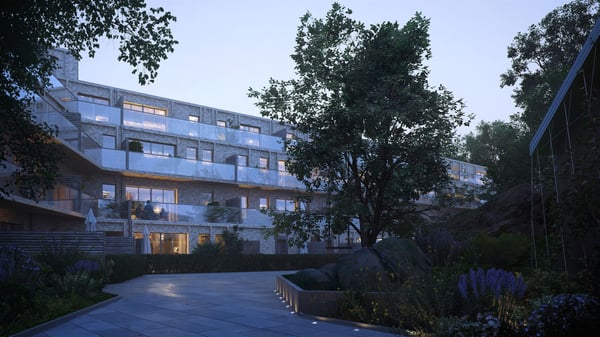 Brf Rosenhäll - huset vid kvällstid