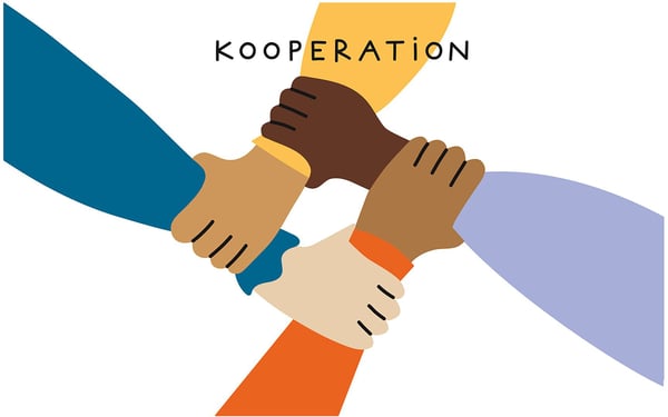 Fyra händer som håller i varandra och ordet kooperation
