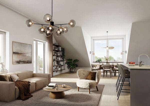 Modernt vardagsrum och matplats i öppen planlösning med ljusa möbler, stora fönster, väggkonst och en unik taklampa