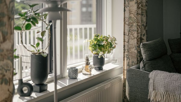 Ljust vardagsrum med fönsterbänk, gröna växter och grå soffa