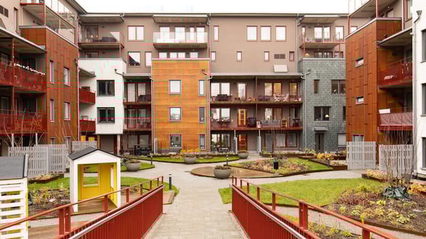 Innergård med moderna flerbostadshus, balkonger och välskötta grönytor