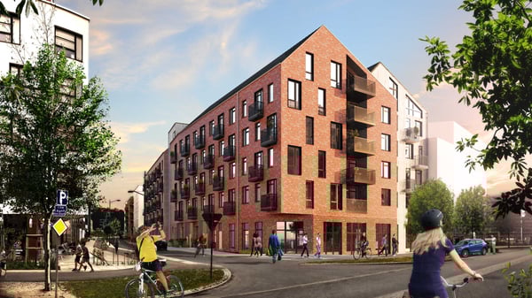 Illustration av ett modernt bostadshus i tegel med balkonger och människor på gatan utanför