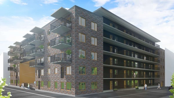 Illustration av ett bostadshus med balkonger och människor utanför