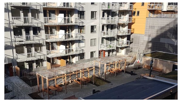 Bostadshus med balkonger och innergård med pergolor och sittplatser