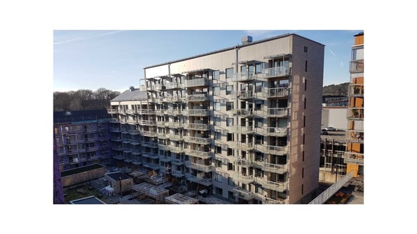 Flerbostadshus med balkonger och innergård