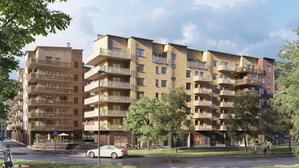 Bostadshus sett från gatan