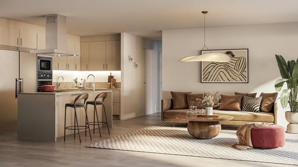 Lägenhet med öppen planlösning, köksö, vardagsrum och modern inredning