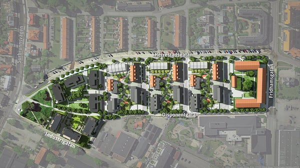 Flygbild av en planritning för ett bostadsområde med byggnader, grönområden och gator märkta med namn som Herrestadsgatan, Industrigatan, Disponentgatan och Fridknappsgatan