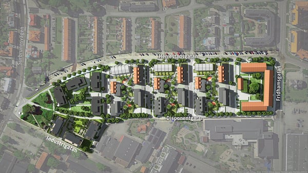 Flygbild av en planritning för ett bostadsområde med byggnader, grönområden och gator märkta med namn som Herrestadsgatan, Industrigatan, Disponentgatan och Fridknappsgatan