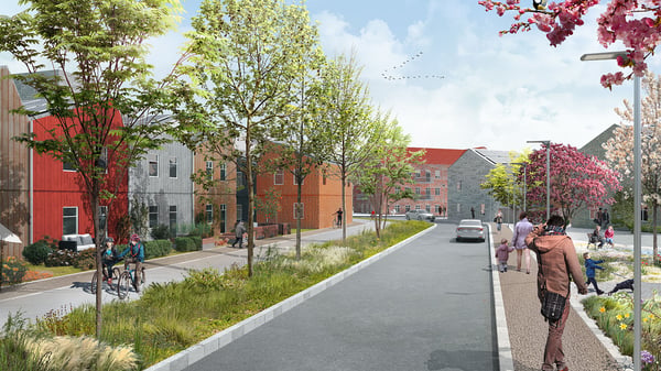 Illustration av Östra Ramlösa med färgglada flerbostadshus, träd, gångväg och cyklister