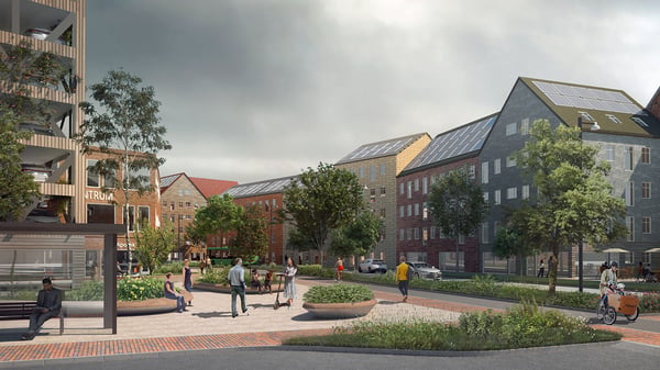 Illustration av Östra Ramlösa med flerbostadshus, träd och människor på innergård