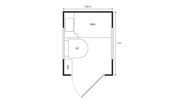 Planritning över lägenhet med säng, wc och kök