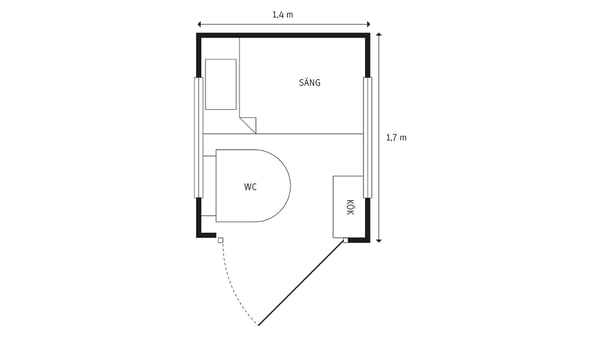 Planritning över ett inflyttningsklart rum med säng, wc och kök