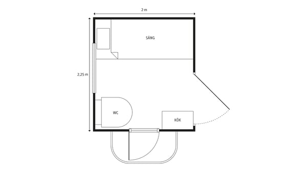 Planritning över lägenhet med sovdel, WC och kök. Tre delar av rummet markerade med mått och dörröppningar