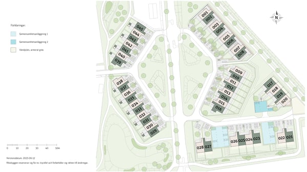 Översiktskarta över bostadsområde med markerade lägenhetsnummer och gemensamhetsanläggningar