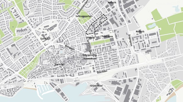 Karta över Ystad med markerat område vid Surbrunnsparken, Bibliotek och Ystad Arena