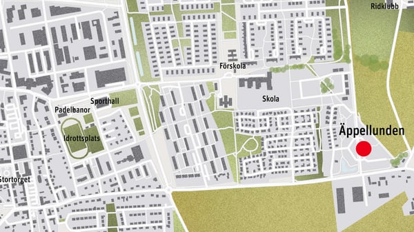 Karta över Äppellunden med markerad plats i bostadsområdet, nära skola, förskola och idrottsplats