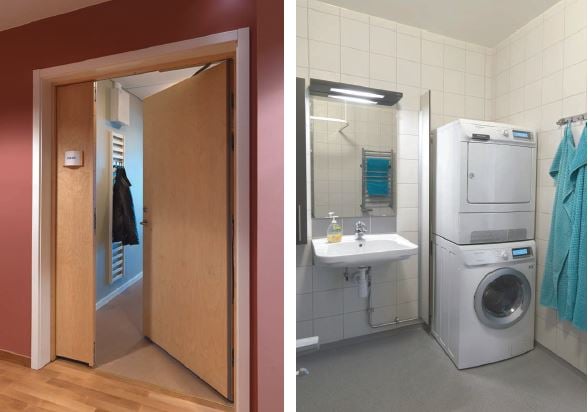 Lägenhet med öppen dörr och tvättstuga med kombinerad tvättmaskin och torktumlare
