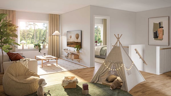Radhus med ljust allrum på övervåningen