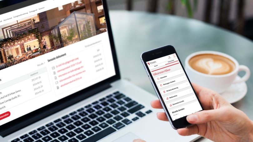 Kundportalen Mitt Riksbyggen på desktop skärm och mobilskärm