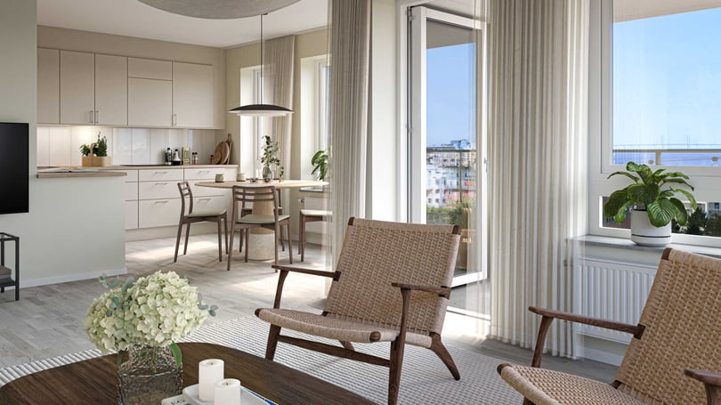 Vardagsrum med utgång till balkong