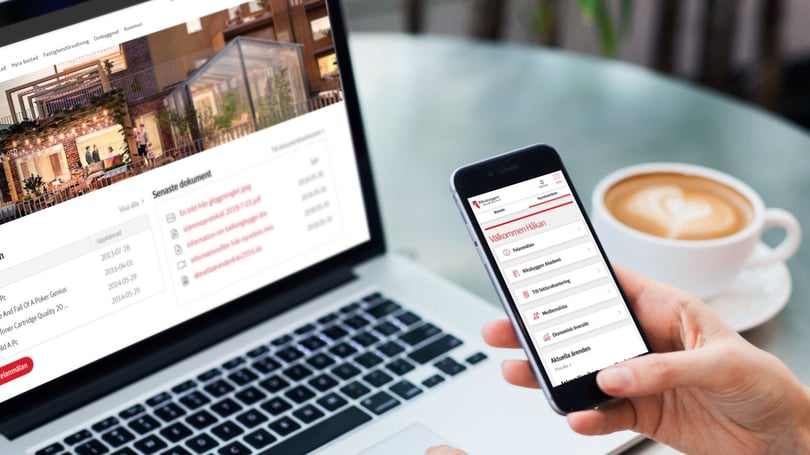 Kundportalen Mitt Riksbyggen på desktop skärm och mobilskärm
