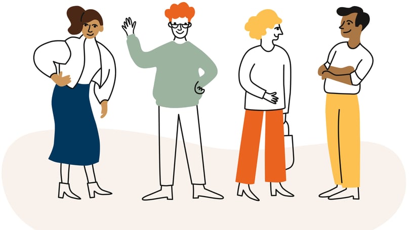 Fyra boende som pratar med varandra