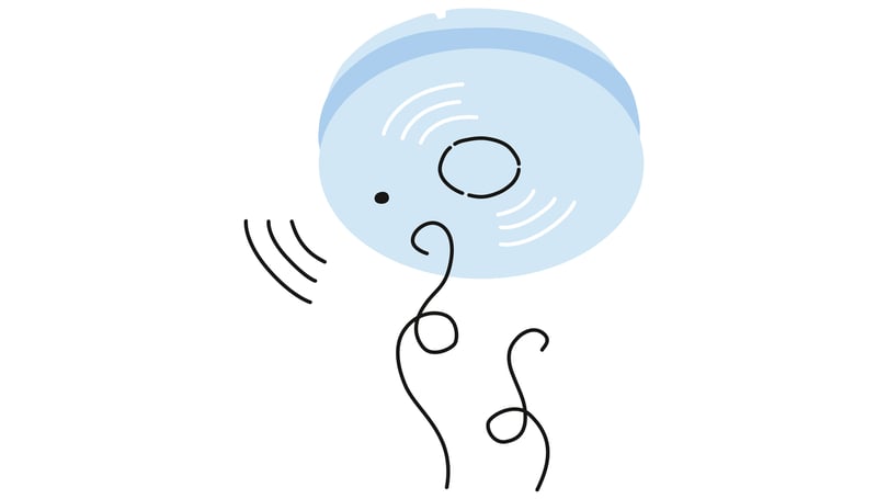 Illustration av en blå brandvarnare med linjer som symboliserar ljud eller signaler