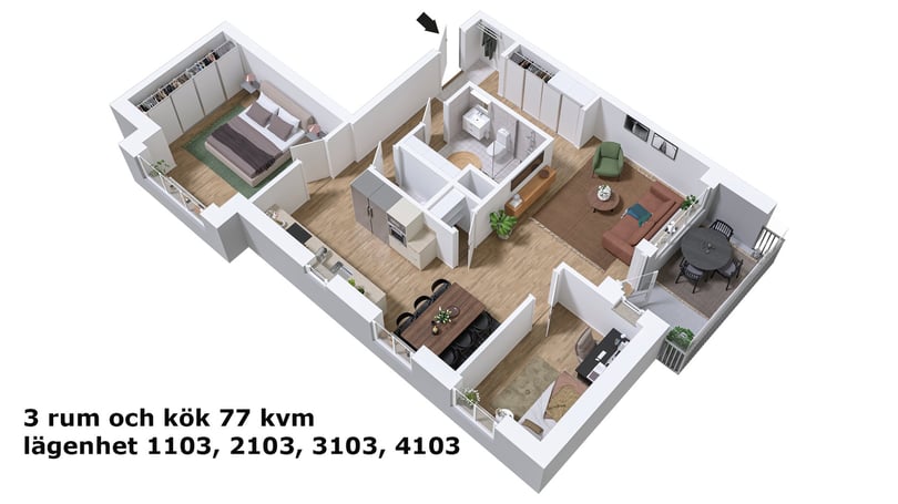 3 rok 77 kvm med inglasad balkong