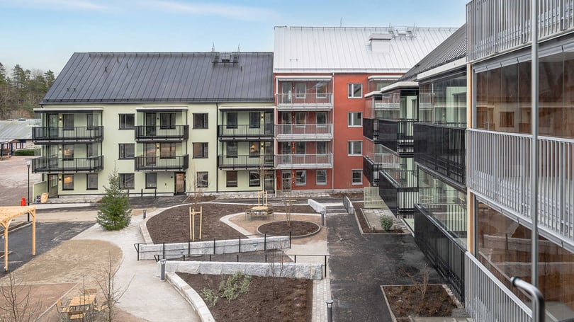 Flerbostadshus med modern arkitektur, omgivna av gångvägar, grönområden och lekplats
