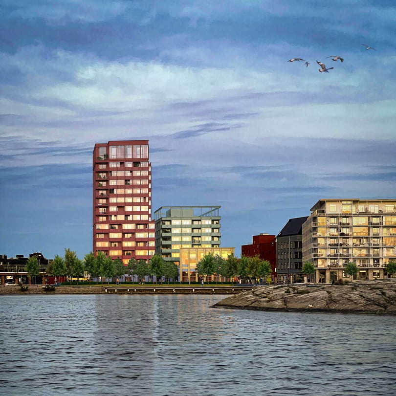 Modern stadsbyggnader vid vattnet med träd längs stranden och några fåglar som flyger i himlen