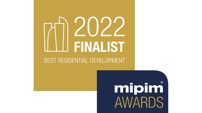 2022 Finalist-logotyp för MIPIM Awards med texten "Best Residential Development" mot en gul och blå bakgrund
