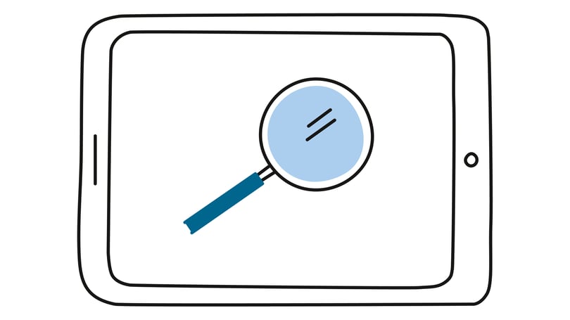 Illustration av en surfplatta med en ritad förstoringsglas över skärmen