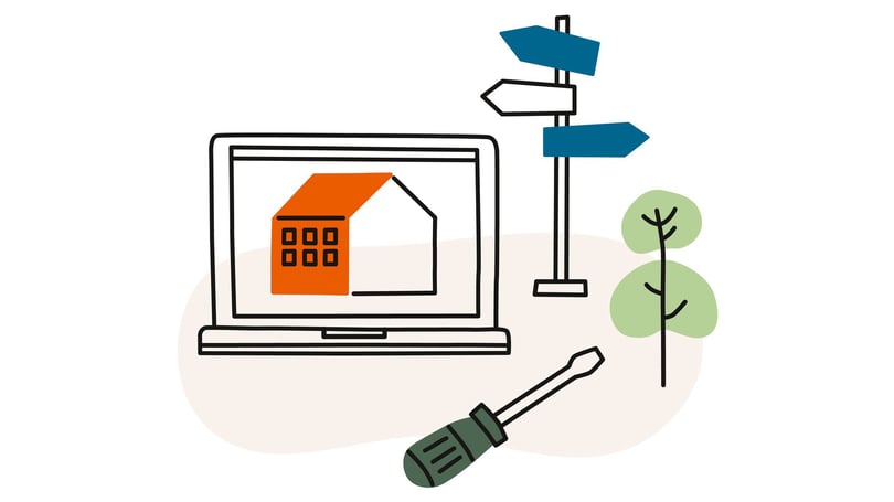 Illustration av en dator med ett hus på skärmen, en blå vägskylt, en grön planta och en skruvmejsel
