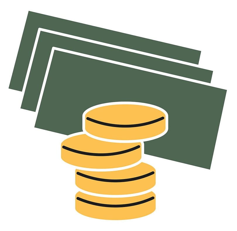 Illustration av sedlar och mynt i gröna och gula färger