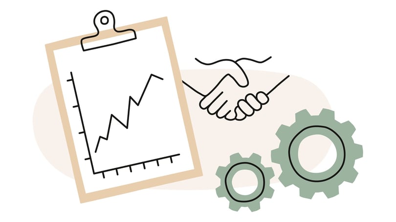 Diagram med en graf på en clipboard, ett handslag och två kugghjul som symboliserar affärssamarbete och processer