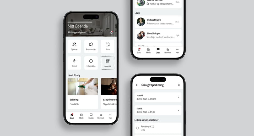 Mobilapplikation med olika gränssnitt som visar funktioner för boendehantering, bokning av tjänster och gästparkering
