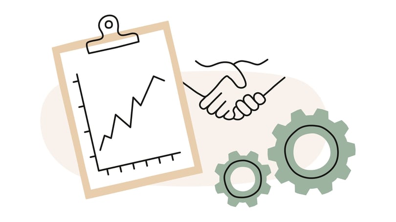 Diagram med en uppåtgående graf på en clipboard, två händer som skakar hand och två kugghjul