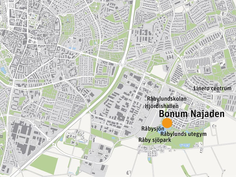Karta över Lund med markering vid Bonum Najaden nära Råbysjön och Råby sjöpark