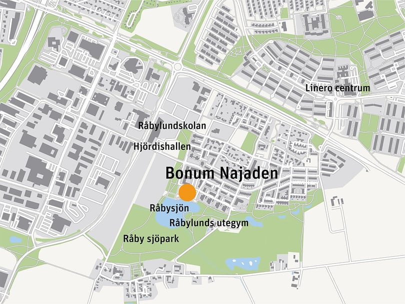 Karta över området kring Bonum Najaden vid Råbysjön i Lund